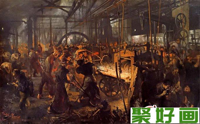 门采尔油画作品《轧钢工厂》