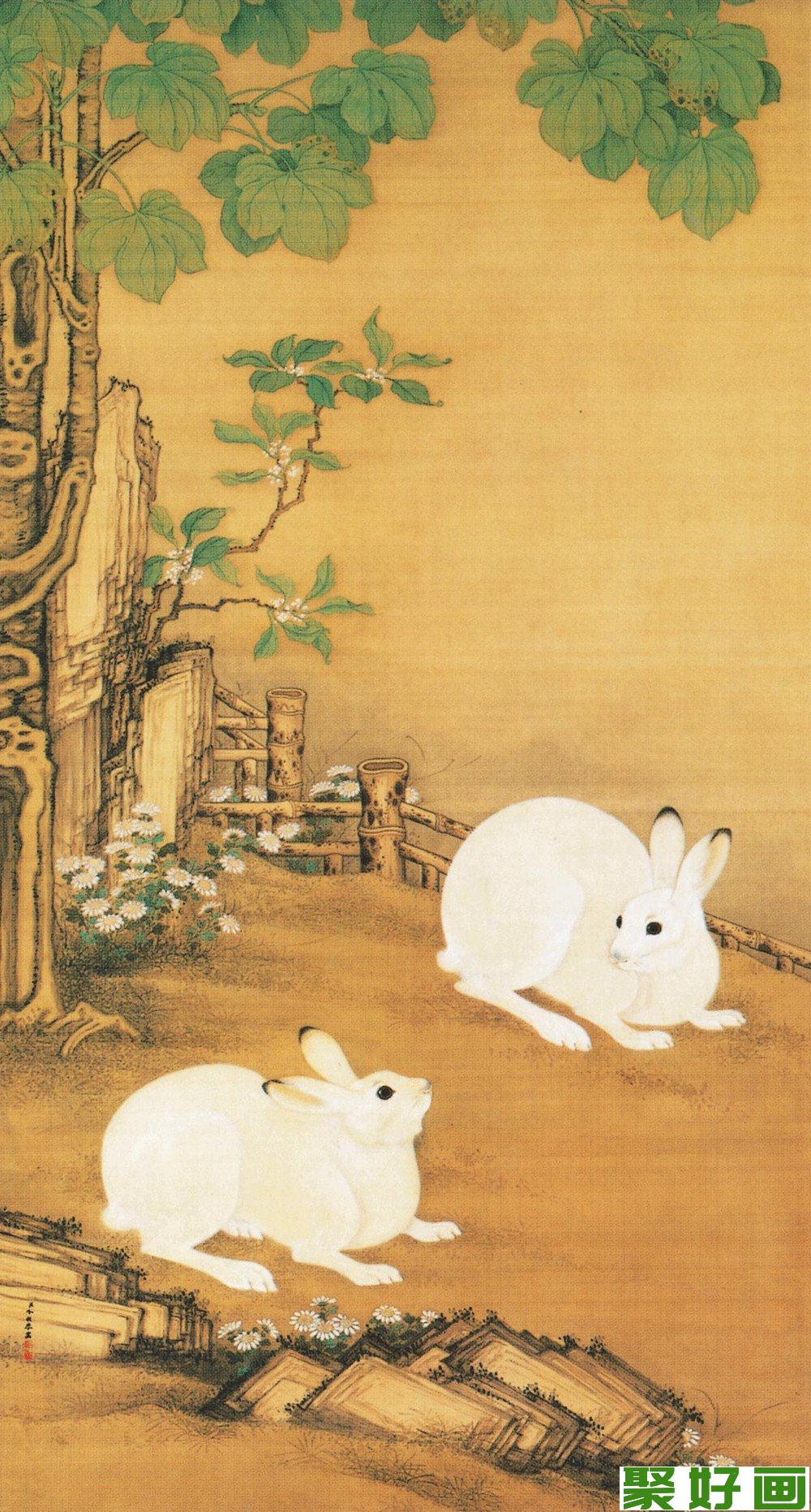 清代宫廷画:梧桐双兔图