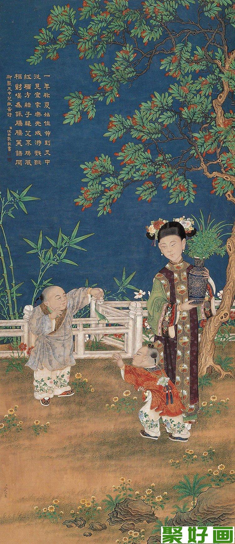 宫廷画:宫装仕女童戏图